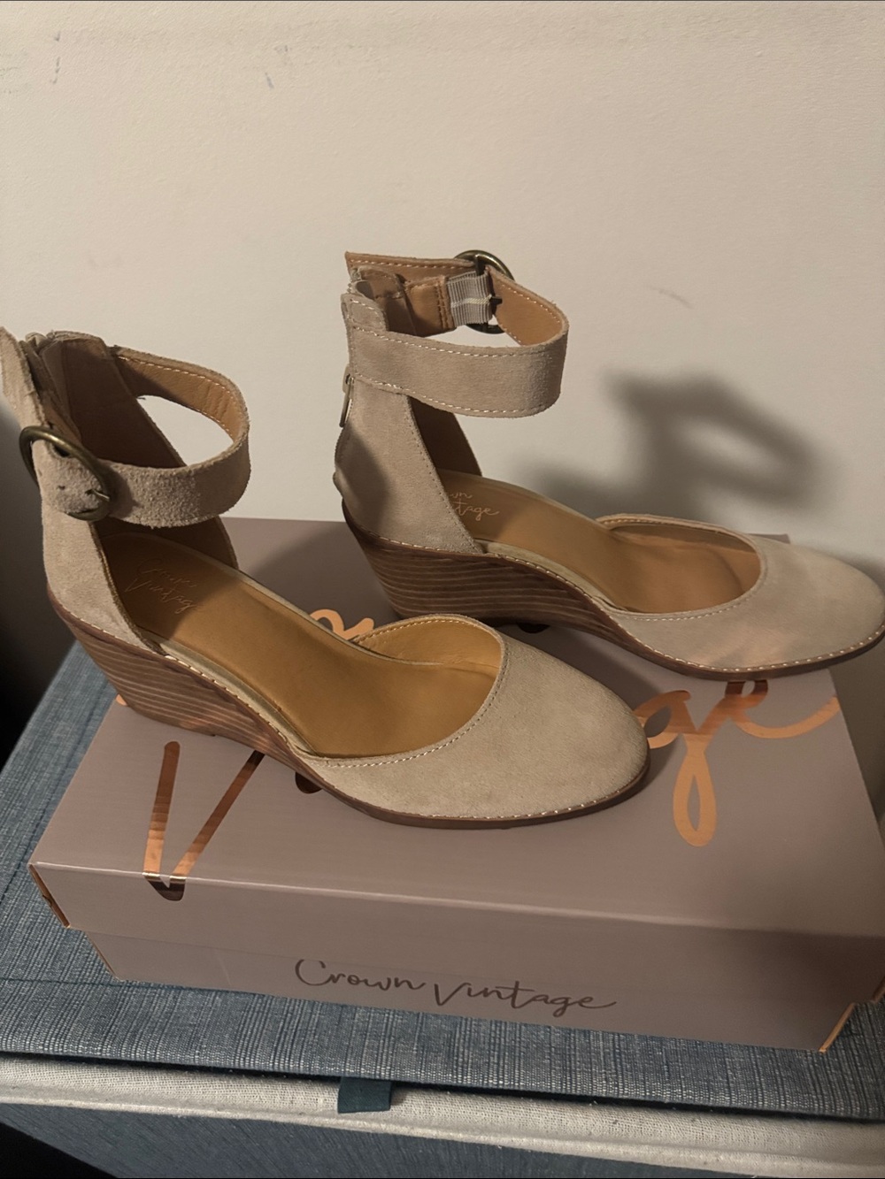 Crown Vintage Light Beige Suede Ankle-Strap Wedge Sandals